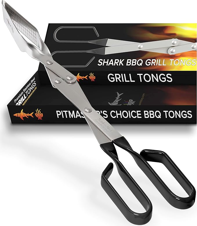 Shark BBQ Grill Tongs - 17 inch Black. Professional steak grilling utensil. Long reach Barbeque Grilling Tongs. Ideal for steak, fish, burger, and sausage