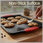 BAKKEN Kitchen Baking Pans - 15.15 x 10.03" Medium Nonstick Sheet, Durable Carbon Steel Cookie Sheet with Red Silicone Handles, PFOA, PFOS, PTFE Free, Oven Safe Tray (Up To 450°F), Set of 1
