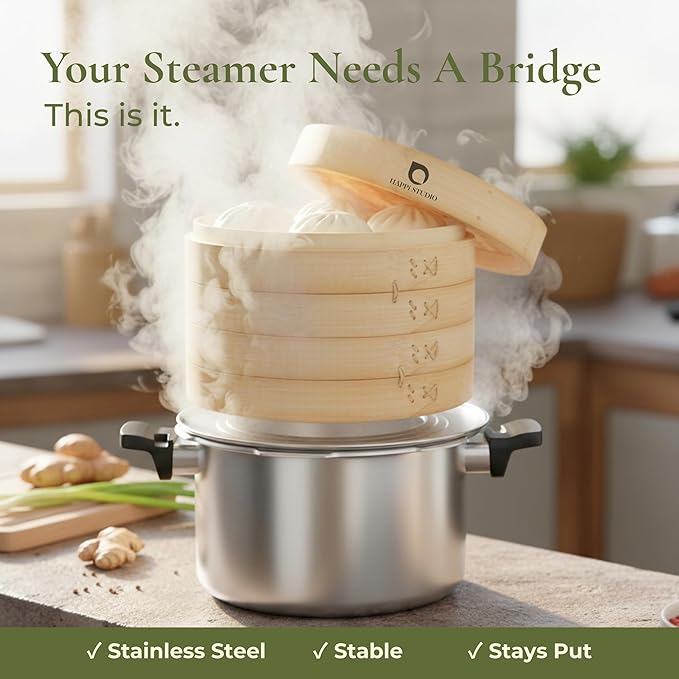 HAPPi STUDIO Stainless Steel Bamboo Steamer Ring - Fits 8 10 11 12 Inch Bamboo Dumpling Basket - Dim Sum Steamer Ring Adapter for Wok, Pot, Rice Cooker