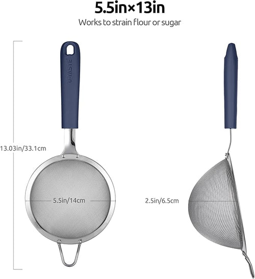 18/8 Stainless Steel Mesh Strainer: U-Taste 5.5 Inch Kitchen Fine Mesh Sieve Food Colander with Riveted Sturdy Silicone Handle and 30 Mesh Hole for Straining Flour, Pasta, Fruit, Quinoa(Midnight Blue)