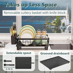 AIDERLY Iron Dish Drying Rack with Drainboard Dish Drainers for Kitchen Counter Extendable Spout Strainers with Utensil Holder and Knife Slots, Black
