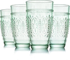 CREATIVELAND Colored Vintage Drinking Glasses Set of 4, 15.5 oz Romantic Embossed Water Glasses, Colored Tumblers Tempered Glass for Juice, Beverages, Beer, Cocktail (Green)