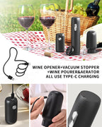 CIRCLE JOY Electric Wine Bottle Opener Set Rechargeable 5-in-1 Wine Set with Foil Cutter, Electric Wine Opener, Electric 2in-1 Wine Aerator & Pourer, Electric Vacuum Wine Stopper, Black Silver