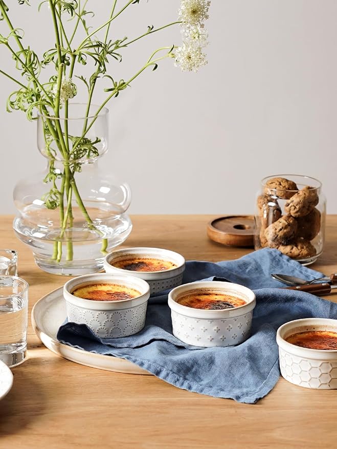 LE TAUCI Ramekins 4 oz Oven Safe for Creme Brulee, Charcuterie Boards Bowls for Souffle, Small Sauce Bowl, Ceramic Baking Dishes - 3.8 inch, Set of 4, Arctic White