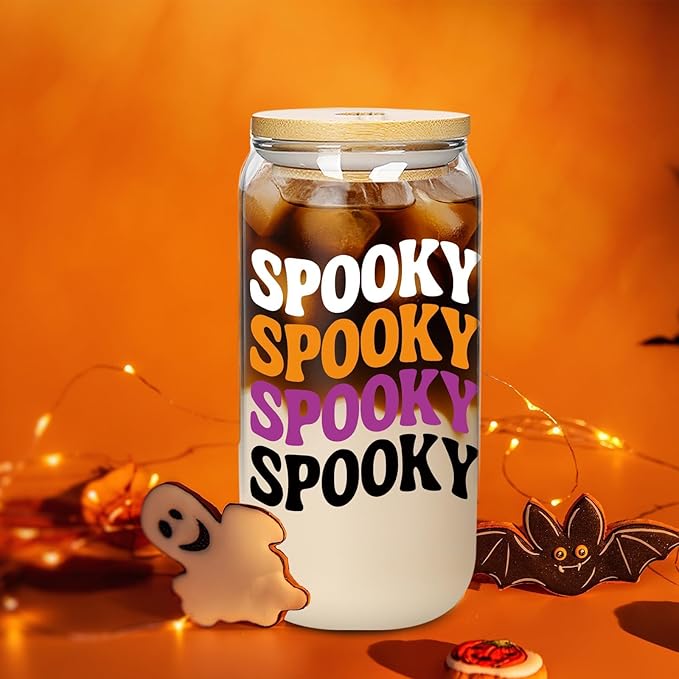 ANOTION Halloween Cups, 18oz Ghost Pumpkin Iced Coffee Mason Jar Mugs, Glass Tumbler with Lids Straws Gift Bags, Boo Basket Stuffers, Halloween Party Home Decorations & Gifts for Women Adults Kids