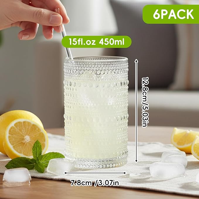Moretoes Large Hobnail Drinking Glasses Set of 6, 15oz Highball Glass Cups, Kitchen Drinkware Glassware,Embossed Water Tumbler,for Beer,Cocktail,Whiskey,Juice and Various Mixed Drinks(Clear)