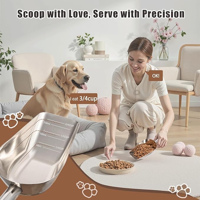 Pet cat-dog food-scoop measuring cup - Food-grade 304 stainless steel material | 3/4 Cup capacity | Precision scale measurements