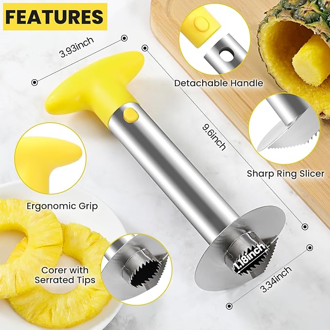 AUBENR Premium Pineapple Corer and Slicer Tool - Sharp Pineapple Cutter with Serrated Tips - Easy to Use and Clean - Stainless Steel Core Remover for Pineapple - Core Fruits with Ease(Yellow)