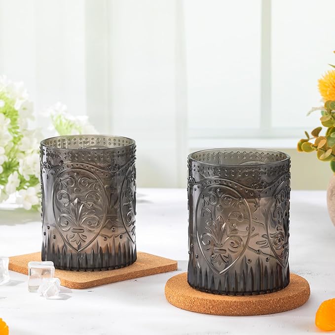 Qinyoung 24 Plastic Vintage Drinking Glasses 8.5oz Stemless Retro Embossed Wine Glasses Shatterproof Reusable Cups for Baby Shower Wedding Reception Grand Event Party (Black)