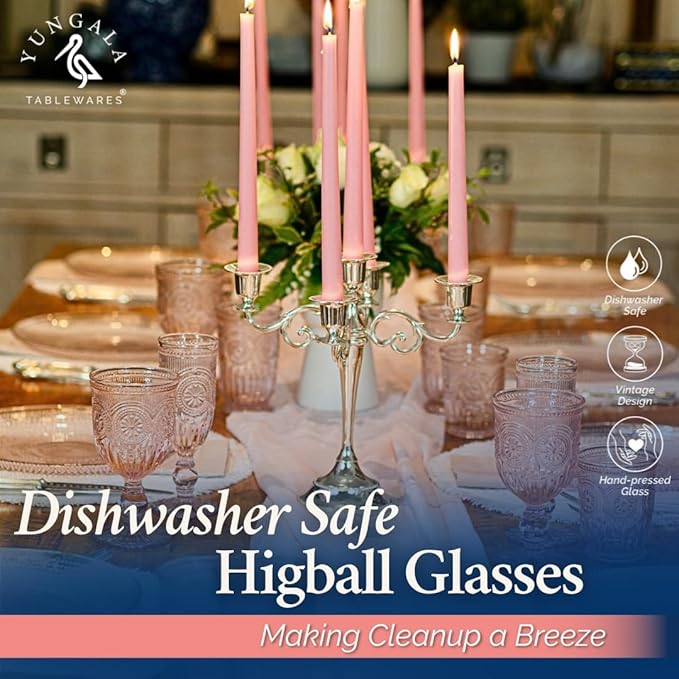 Yungala Pink Highball Glasses Set of 6 Tall Drinking Glasses 10 oz