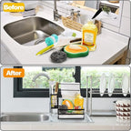 Tlence Kitchen Sink Caddy with 3 Dishcloth Drying Racks, Sponge Holder Rag Stand with Drain Pan, Metal Sink Storage Organizer with Removal Basket for Brush, Towel, Scrubber, Dish Rag, Black