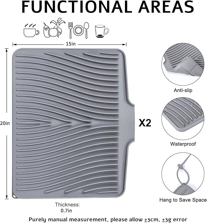 TIKNIK Silicone Dish Drying Mat, Stone Drying Mat for Kitchen Counter with Built-In Drain, Non-Slip Drain Pad with Built-in Drain, Heat Resistant Stone Drying Mat, Hangable, Grey-2pcs, 20" x 15"
