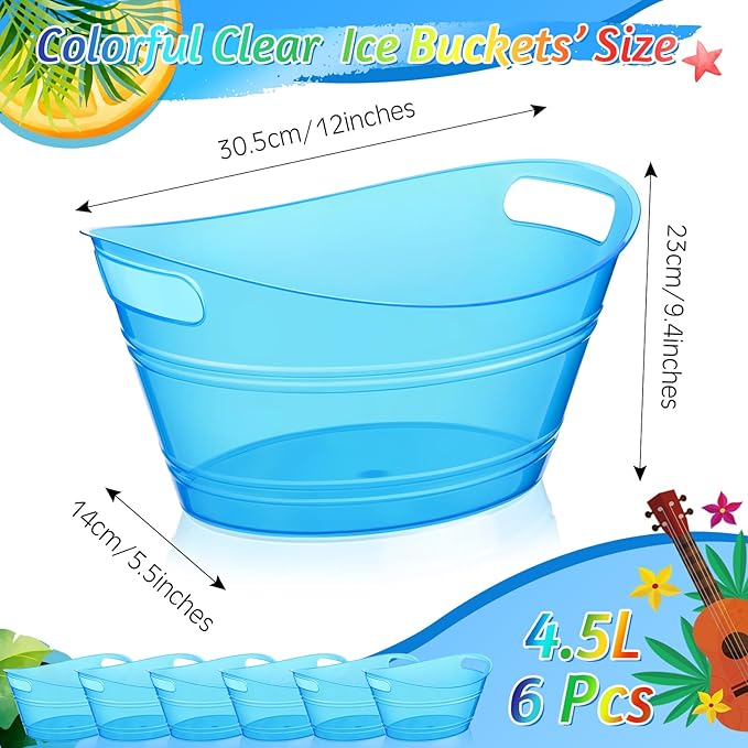 meekoo 6 Pcs Plastic Ice Buckets Bulk with Handles 4.5L Oval Storage Tub Large Capacity Ice Drink Bucket for Party Bar Wine Beer Champagne Beverage Bottle Cooler (4.5 L,Blue)