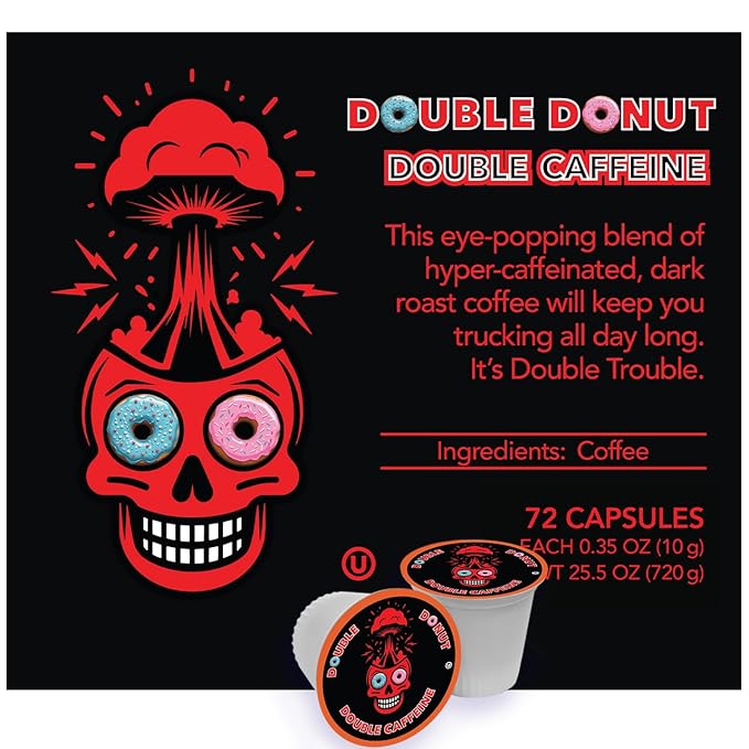 Double Donut Coffee High Caffeine Coffee Pods, Extra Strong Double Caffeine Dark Roast Coffee, Compatible with Keurig K Cups Brewers 72 Count