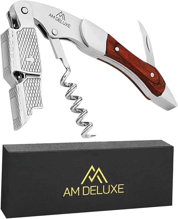 Waiters Corkscrew Wine Opener - Double-Hinged Fulcrum 3-In-1 Cork Screw Wine Bottle Opener Heavy Duty Stainless Steel & Pakka Wood. Serrated Foil Cutter. Beer Opener. Magnetic Gift Box