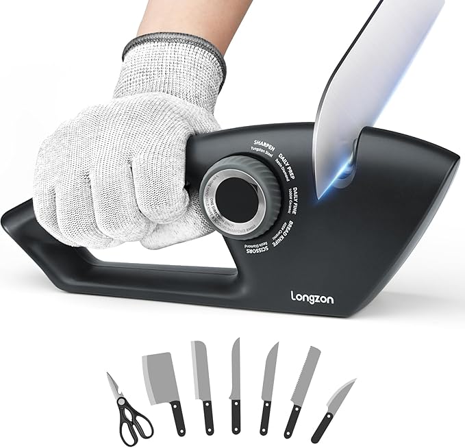 Longzon 6-in-1 Knife Sharpener 5 Stage with Cut-Resistant Glove, Manual Kitchen Tool for Straight & Serrated Knives, Quickly Sharpens Restores & Polishes Dull Blades Safe for Home Kitchen
