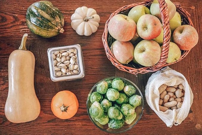 Reusable Mesh Produce Bags made from 100% Organic Cotton - 12"x10", Perfect Reusable Net Vegetable Bags - Washable Fruit, Vegetable & Produce Sacks (3 Medium)