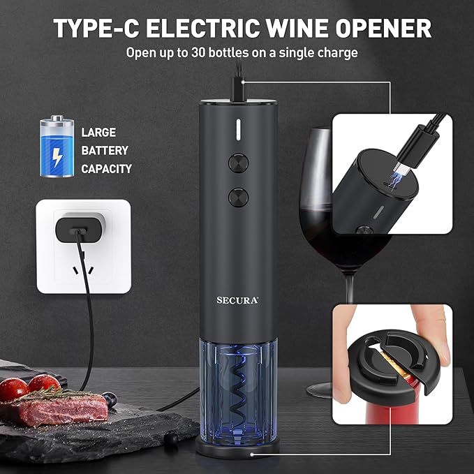 Secura Stainless Steel Electric Wine Opener, Rechargeable Automatic Wine Bottle Opener with Foil Cutter & Charging Cable, Reusable Corkscrew Wine Opener Electric for Home Party Bar Outdoor, Black