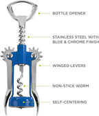 True Soar Winged Corkscrew Wine Opener, Multi-Purpose Bottle Opener for Beer and Soda, Stainless Steel with Chrome Finish, Easy to Remove Cork for Bartenders, Home Bar, Kitchen, Set of 1, Blue