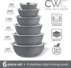 COOK WITH COLOR Stainless Steel Mixing Bowls Set - Nesting Bowls, 6 Pieces, Grey