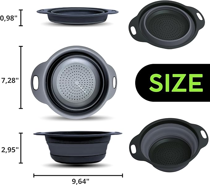 Small Food Strainer for Kitchen - Black Silicone Colander with Handle for Spaghetti and Pasta Multifunctional Colander for Camping
