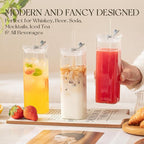 6 Sets Square Drinking Glass Cups, Old Fashioned Glasses, 17 Oz Square Glasses, Clear Highball Modern Glassware Tumbler Mixed Drinkware with Straws for Cocktail Coffee Juice Beer (Square-6PCS)