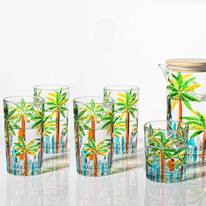 Tropical Summer Drinking Glasses 4 Tall Coconut Tree Design Pool Party Caribbean Beach Theme Colorful Tiki Bar Margarita Mix Drink Mojito Martini Pool Party Cup Palm Trees Engraved Whiskey Sour Glass