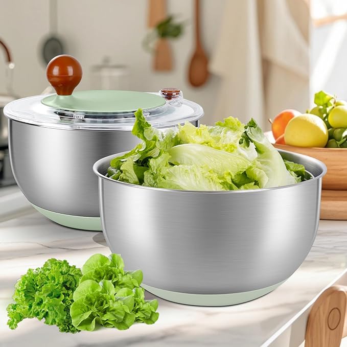 supernal 5.3Qt Stainless Steel Salad Spinner Large with Stop Button Vegetable Dryer Salad Chopper Bowl Non-Slip Base Dishwasher Safe Fruit Washer Transparent Lid & Drainage Hole Vibrant Green