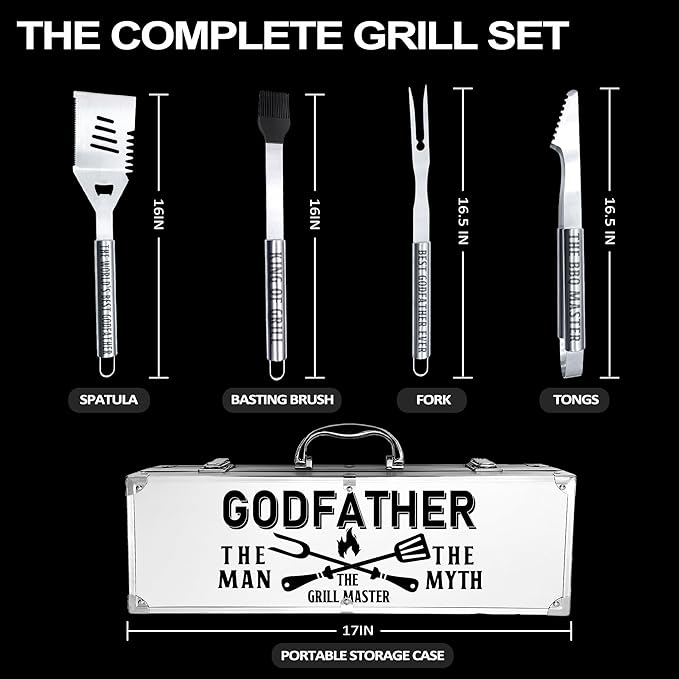 Godfather Gifts, Christmas Godfather Gifts for Him Heavy Duty Grilling Accessories Kit for Backyard BBQ, Thick Stainless Steel Grill Utensils with Non-Slip Handle Tool for Man on Birthday