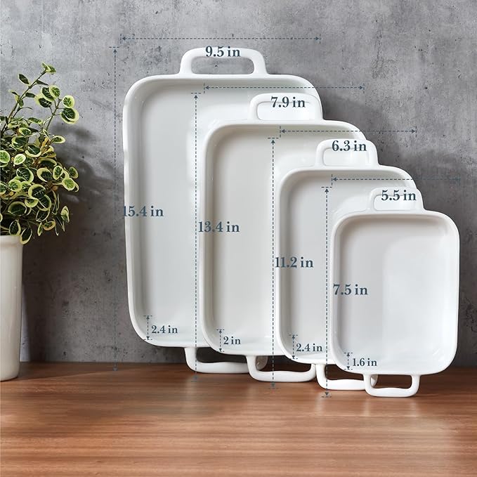 ONEMORE Casserole Dishes for Oven,9.5"x15.4" Baking Dishes Set of 4,Ceramic Bakeware Sets with Handles for Cooking, Baking,Serving, Wedding and Gifting, Baking Pan White , Microwave & Dishwasher Safe(7.5"/11.2"/13.4"/15.4")