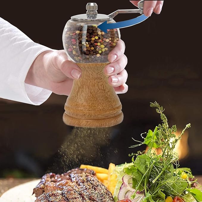 Wooden Acrylic Grinder Set, Hand Crank Salt and Pepper Mill with Handle, Ceramic Blade Grinding, Adjustable Coarse, Grinder for Kitchen,Pack of 2, Wood Colour