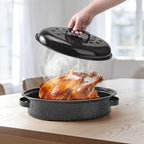 15.4" Roasting Pans for Ovens Porcelain Enameled Steel Oval Roaster Pan with Domed Lid for Turkey, Chicken, Vegetable, Lamb, Sourdough Bread