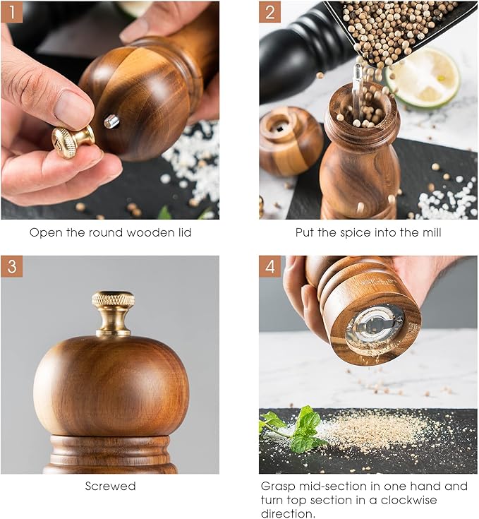 BILL.F Salt and Pepper Grinder Wooden Black Pepper Mill Grinder Salt Pepper Shakers Set of 2 with Adjustable Ceramic Rotor- 7 Inch
