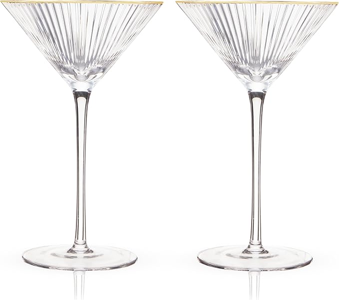Viski Meridian Martini Glasses - Stemmed Fun Cocktail Glasses - Art Deco Ripple Gold Rimmed Crystal Glassware - 7.8oz Set of 2