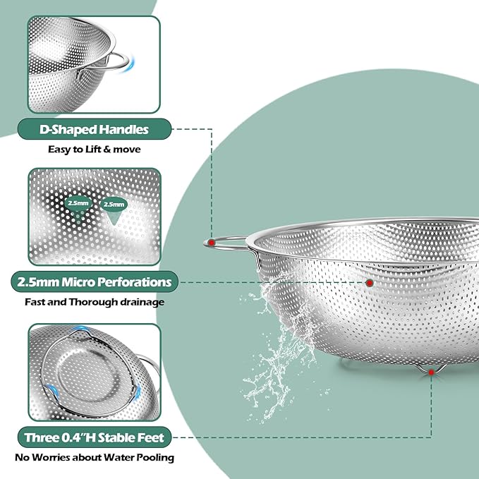 Leonyo Stainless Steel Colander for Kitchen, Micro-Perforated Metal Strainer with Handles for Draining Pasta, Strainers and Colanders Set of 3(1-3-5Quart) for Rinsing, Steaming, Dishwasher Safe