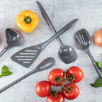 Hutzler 6-piece Melamine Cooking Utensils Set, Includes a 12-inch Long Slotted Spoon, Solid Spoon, Mixing Spoon, Slotted Turner, Soup Ladle, and Storage Crock, Gray