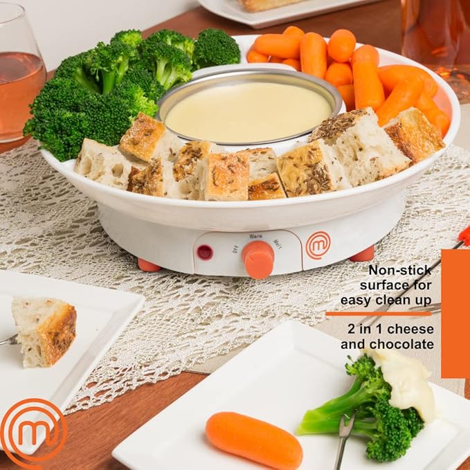 MasterChef Chocolate Fondue Maker- Xmas Party Must Have- Electric Dessert Fondue Pot Set w 4 Forks & Party Serving Tray- Melt, Warm Settings for Caramel, Cheese- Holiday Charcuterie Appetizers or Gift