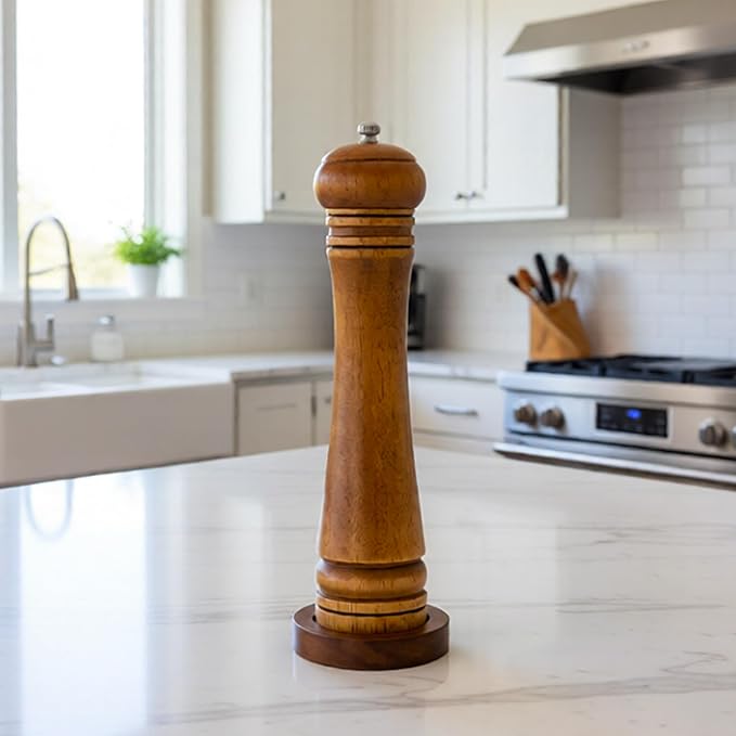 Wood Salt and Pepper Grinder, Salt Grinder and Pepper Mill, Oak Wood Shakers with Adjustable Ceramic Grinders (10″ - 1 Pack with Tray)