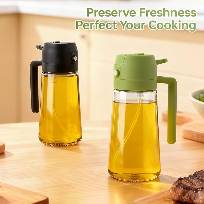 2Pcs Glass Oil Sprayer for Cooking 16oz/470ml, Kitchen Gadget for Air Fryer, Salad, BBQ, Frying（Black+Green）