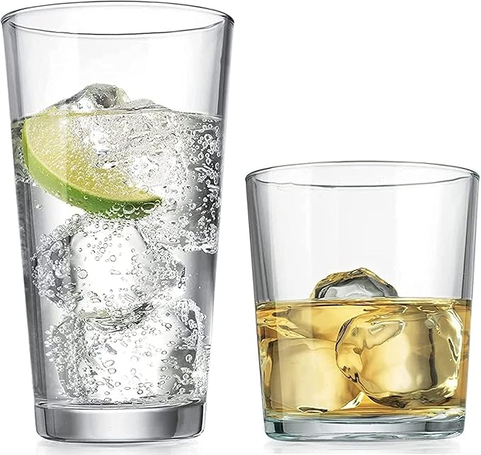 Glaver's Drinking Glasses Set of 12. Glassware set, 6 Highball Glass Cups, 6 Whiskey glasses. Classic Drinkware Set 17 oz Tall Glasses Set and 13 oz Rock Glasses.