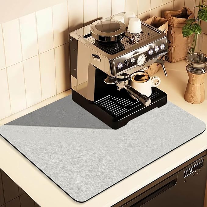 Coffee Mat for Countertops ,Coffee Bar Accessories Fit Under Coffee Maker Espresso Machine, Absorbent Hide Stain Rubber Mat for Countertop ,Dish Drying Mat for Kitchen Counter (Light Gray, 17"x31.5")