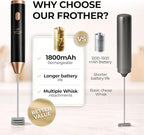 Zulay Kitchen Metal Rechargeable Milk Frother, 3 Whisk Attachments Handheld Frother Wand, 1800mAh USB-C Charging, Electric Drink Mixer for Protein, Matcha & Powders - One Charge Lasts up to 6 Months