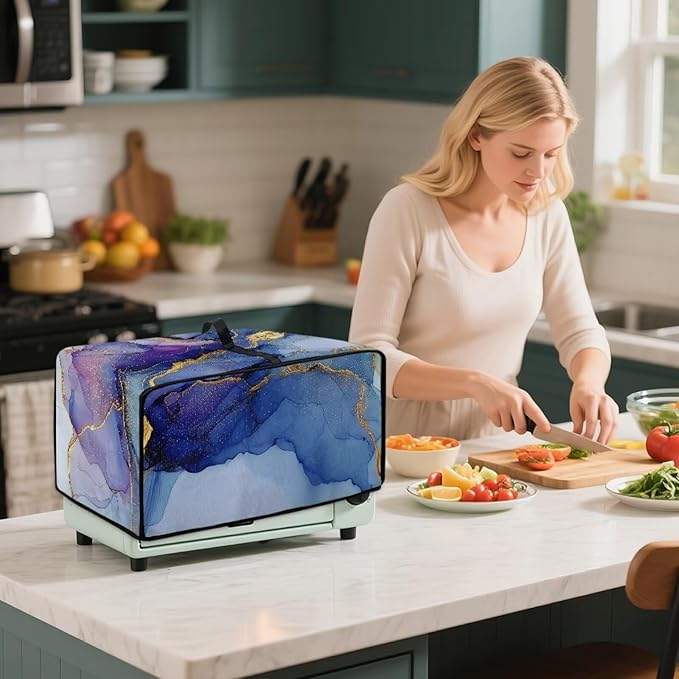 Marble Print Toaster Oven Dust Cover, Heavy Duty Heat-Resistant Cover for Kitchen Counter Small Appliances, with Accessory Pockets, Blue Violet Gold, (Large-18.5*22.5*12.99 inches)
