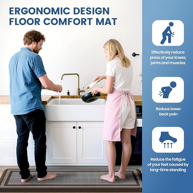 KitchenClouds [2 PCS Kitchen Rugs Cushioned Anti-Fatigue Kitchen Mats for Floor Waterproof Kitchen Rug Set Non-Slip Comfort Standing Mat for Office, Sink, Laundry 17.3"×29"+17.3"×47",Chocolate