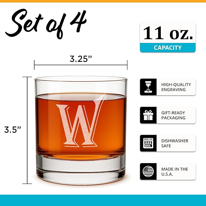 On The Rox (W-Monogram)- 4 Piece Set of 11 Ounce Engraved Heavy Base Rocks Glasses- Quality Elegant Glass-Multi-Purpose Beverage-Rocks Glass- For any Occasion