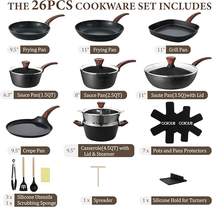 26Pcs Pots and Pans Nonstick Ceramic Cookware Set Nontoxic Kitchen Cooking Set with Steamers Utensils Induction Compatible, PFAS/PFOA Free, Oven and Dishwasher Safe, Black