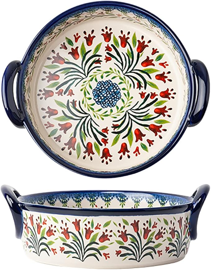 Vintage Style Tulip Flower Pattern Ceramic Bakeware Casserole Dish Baking Pan Lasagna Pans Baking Dish with Handles for Oven/Cooking/Kitchen-1 PCS-32 OZ