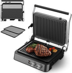 Panini Press,4 Slices Contact Grill with Removable Non-Stick Coated Grill and Flat Plates,Panini Makers with Temperature Control and Timer,Open 180 Degrees,Grill and Griddle (Half black with sus)