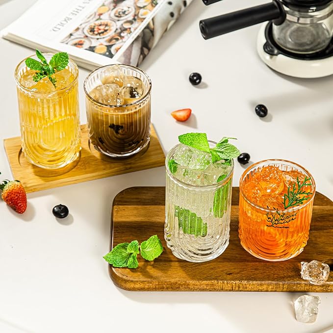 Ribbed Glassware Set of 8, 4 pcs Coffee Tumbler & 4 pcs Rocks Glass Cups, Durable Cocktails & Iced Coffee Cups, Versatile Drinkware for Juice, Smoothies, Whiskey, Wine, Elegant Glass Set for Women