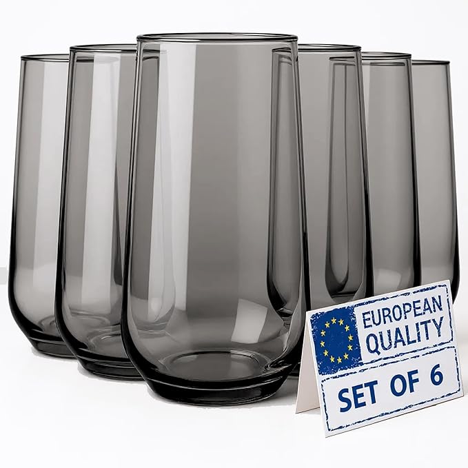 Grey Drinking Glasses Set of 6 | Translucent Black Glassware | 16 oz Smoked Grey Glass Cups | Highball Drinkware for Cocktails, Long Drink, Mojito, Juice, Soda | Modern Charcoal Drinkware